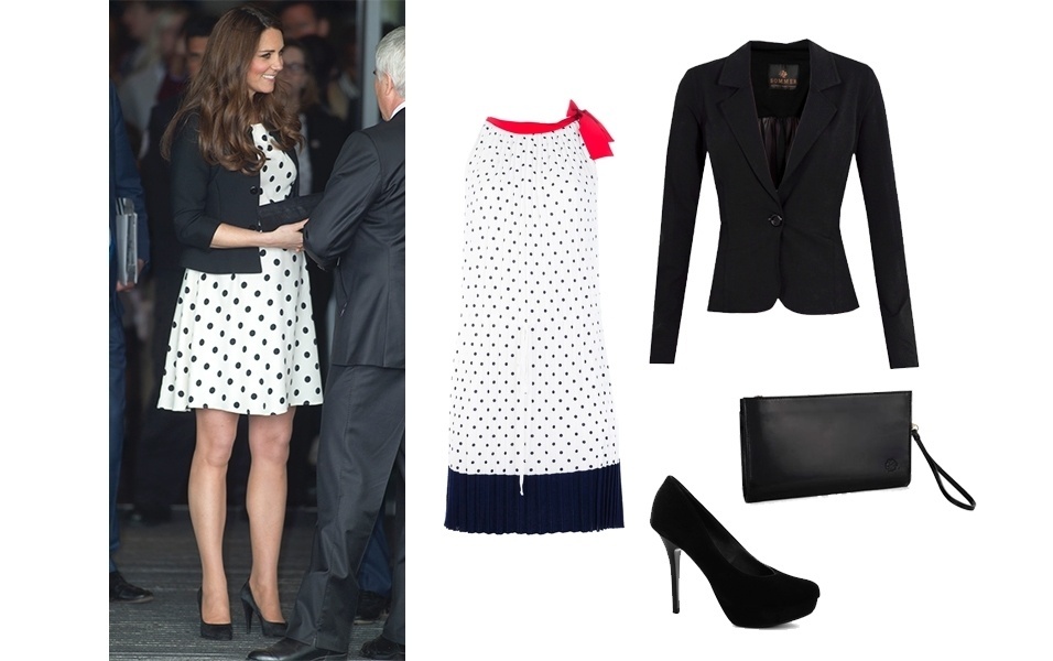 Kate Middleton manteve seu estilo delicado durante a gravidez, mas passou a usar vestidos mais soltos, que não marcam a barriga. Inspire-se no look e aposte em um vestido com estampa de poá, blazer preto e acessórios também em preto - Grosboy Group e Divulgação