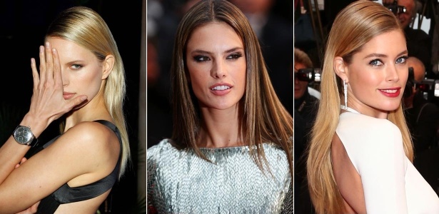 As tops Karolina Kurkova, Alessandra Ambrósio e Doutzen Kroes desfilaram o look reluzente em Cannes - Getty Images/Montagem/UOL