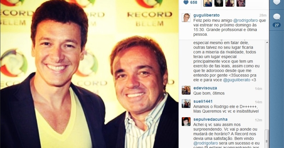 11.jun.2013 - Gugu publica foto ao lado de Rodrigo Faro e o parabeniza pelo programa no domingo da Record