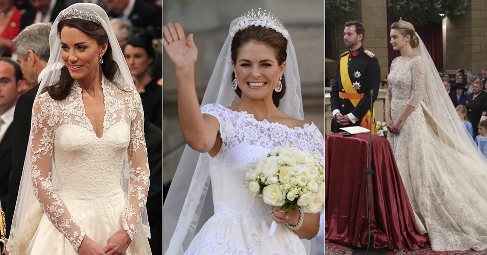 Cor e tecido do vestido: como as noivas da realeza são bastante tradicionais, elas não arriscam outras cores para o vestido e ficam no branco de costume. Nos recentes casamentos da realeza britânica, as noivas também mostraram predileção pela renda. Na foto acima, Kate Middleton, princesa Madeleine e a condessa belga Stéphanie de Lannoy vestem peças rendadas. Stéphanie foi mais ousada e investiu em um vestido com detalhes em champanhe. Clique no Mais ao lado e veja o guia das rendas de UOL Casamento - Reuters/AFP/EFE