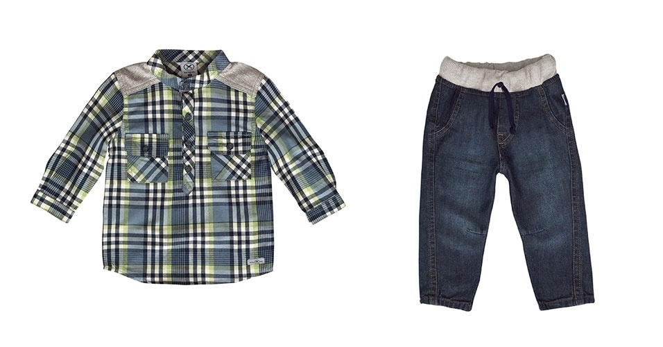 Camisa xadrez com bolsos e botões frontais e detalhe nos ombros. Calça em jeans com amarração na cintura. Tamanho: P, M e G que veste de 1 a 3 anos. Da Hering Kids. SAC: 0800 47 3114. R$ 59,99 (cada). Preço consultado em maio de 2013. Sujeito a alterações - Divulgação