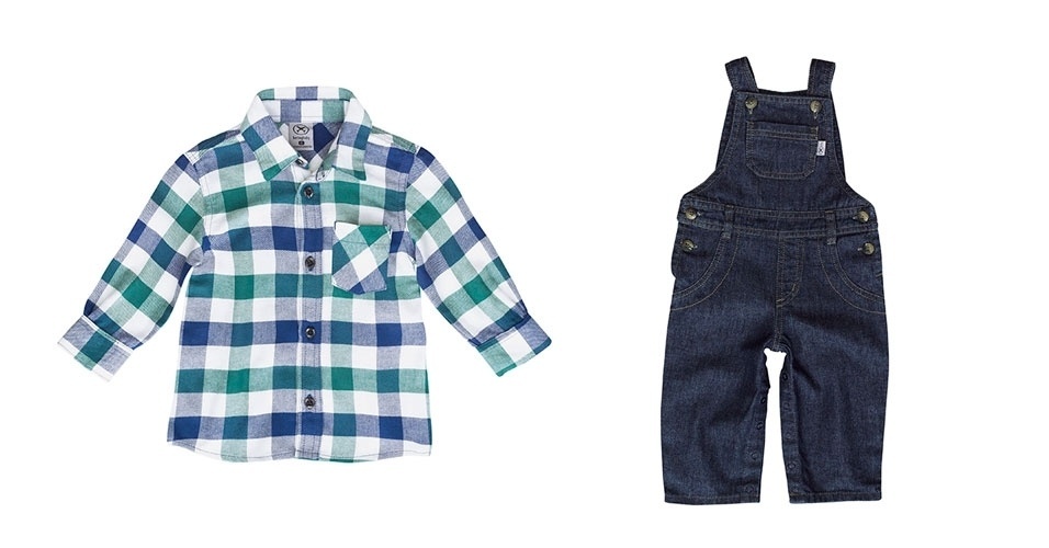 Camisa xadrez e jardineira em jeans, como botões nas pernas. Tamanho: P, M e G que veste de 1 a 3 anos. Da Hering Kids. SAC: 0800 47 3114. R$ 59,99 e R$ 79,99, respectivamente. Preço consultado em maio de 2013. Sujeito a alterações - Divulgação