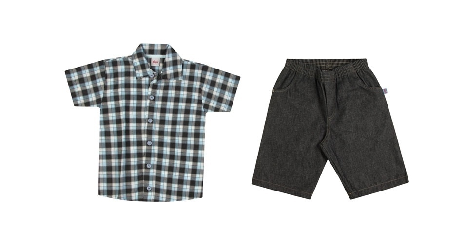 Conjunto camisa xadrez e calça jeans com bolsos laterais e elástico na cintura. Disponível nos tamanhos: MB e 2 anos. Da Elian. (www.elian.com.br). R$ 74,77. Preço consultado em maio de 2013. Sujeito a alterações - Divulgação