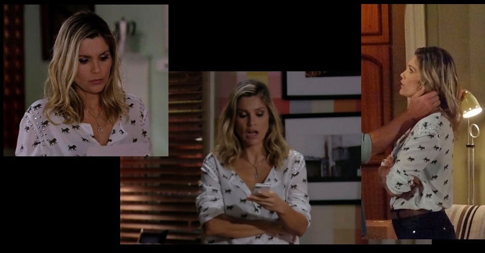 A camisa branca com estampa de pequenos leões da loja Linda de Morrer usada pela personagem Érica (Flávia Alessandra) em "Salve Jorge" apareceu pela segunda vez na lista de mais pedidos da Globo, mesmo após o término da novela - Reprodução TV Globo