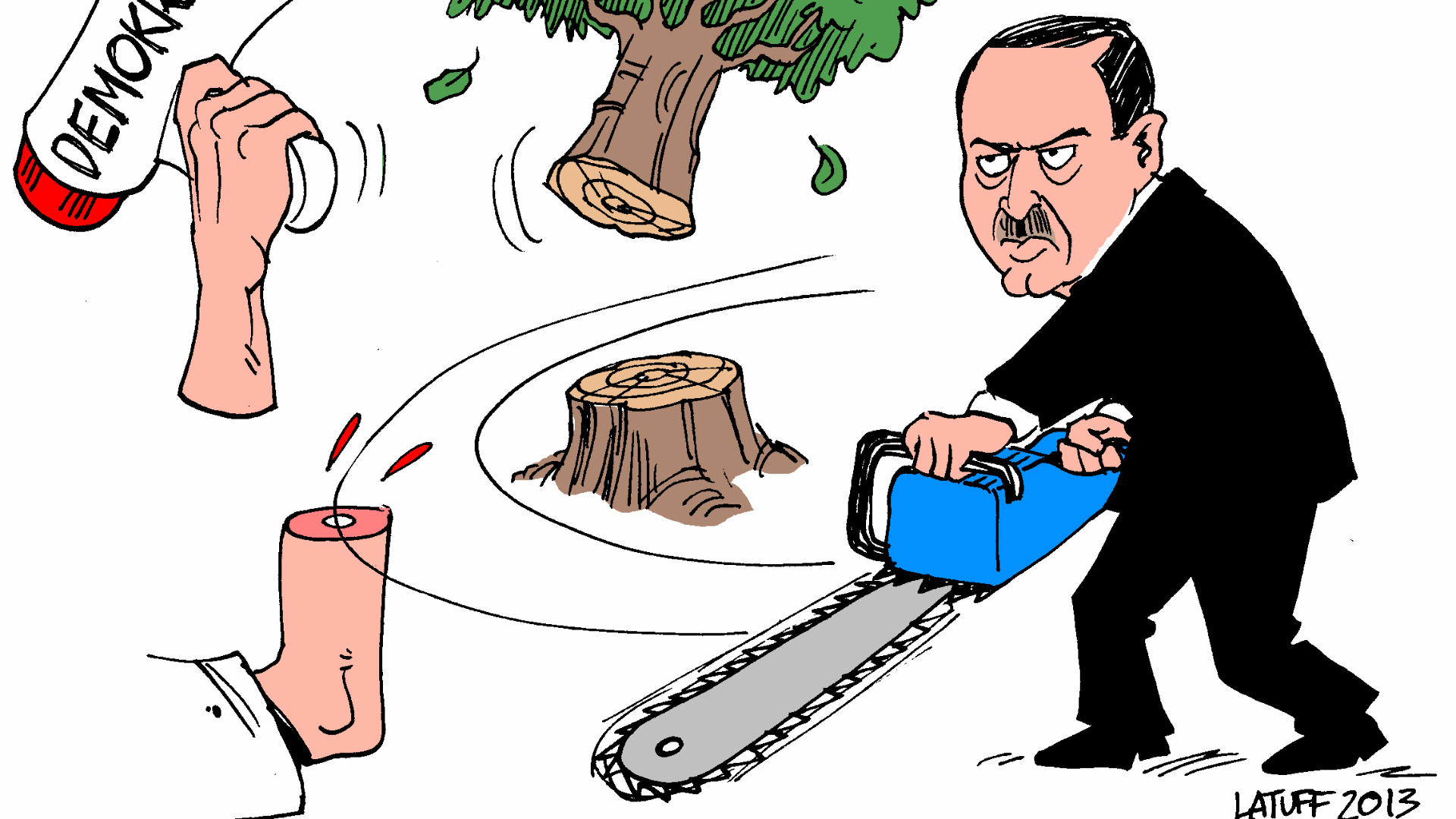 O primeiro-ministro turco, Recep Tayyip Erdogan, é retratado cortando uma árvore na praça Taksim, em Istambul; derrubada de árvores para construção de shopping foi estopim de protestos na cidade - Carlos Latuff/Divulgação