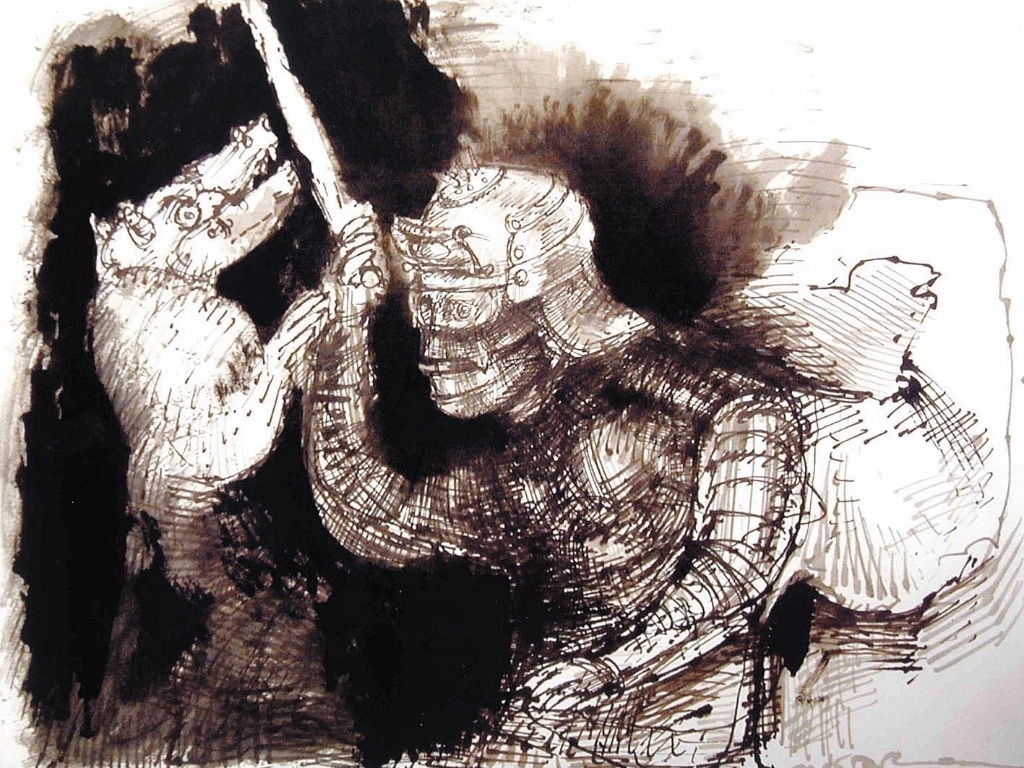 A obra de Grassmann é muito marcada por referências ao universo medieval, sempre com ilustrações de cavaleiros lutando contra monstros - Divulgação