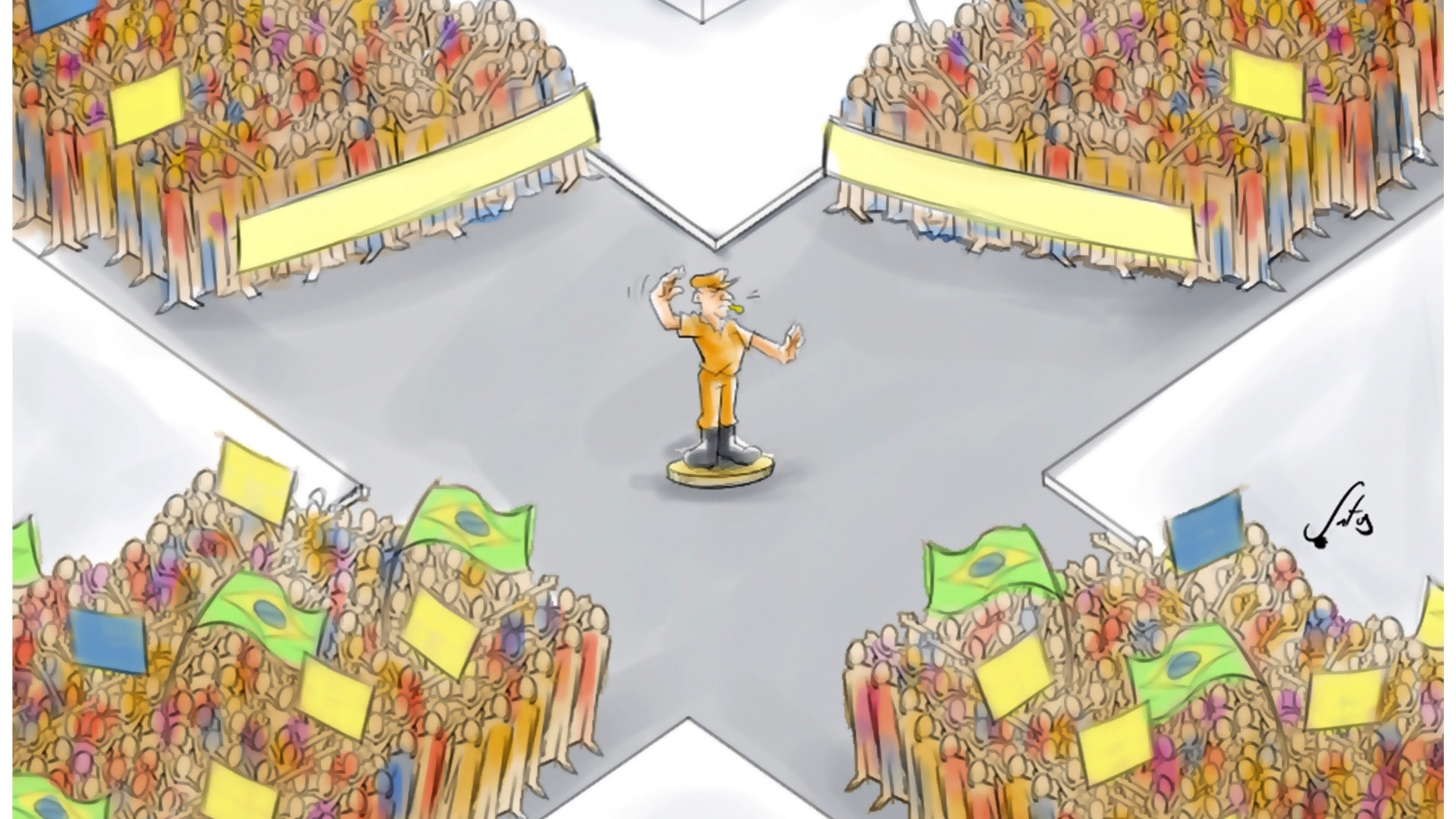 O cartunista Alexandre Santos colocou um agente da CET em uma difícil missão: manter o trânsito durante os protestos que tomam as principais vias do país - Divulgação