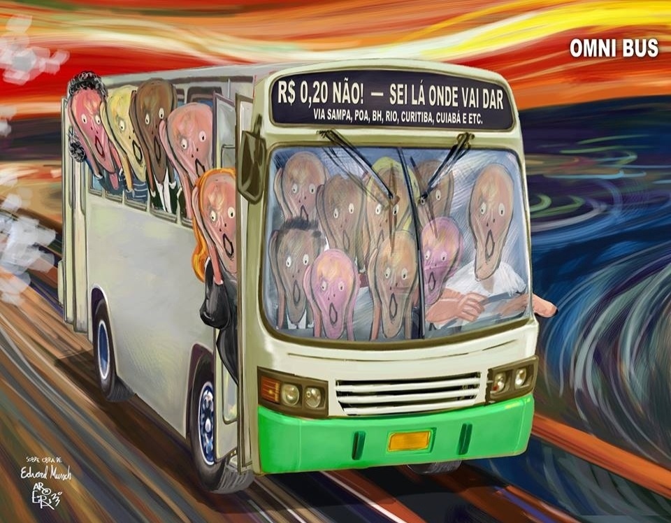 O cartunista Aroeira se inspira no quadro "O Grito", de Edvard Munch, para mostrar a super lotação dos transportes coletivos - Divulgação