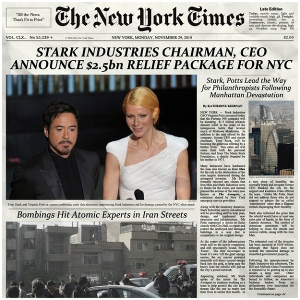 Capa fictícia do jornal "The New York Times" com Tony Stark e Pepper Potts - Reprodução/tumblr/mediavengers
