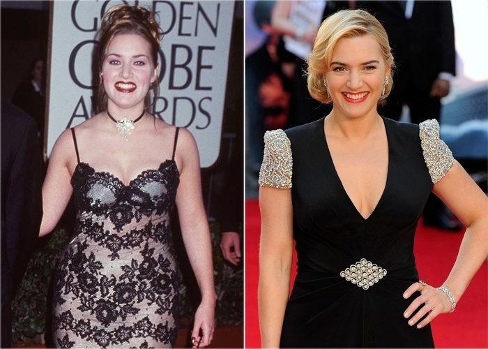 A atriz Kate Winslet, na época do filme "Titanic" (1997) e em 2012