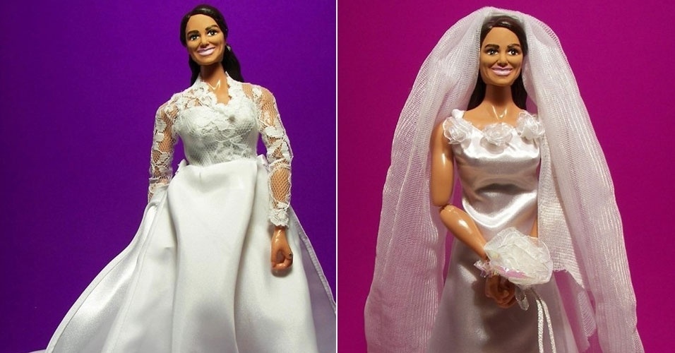 A empresa Herobuilders transformou Pippa Middleton e sua irmã, Kate --a duquesa de Cambridge-- em bonecas. A boneca de Kate ganhou uma réplica do vestido de noiva original, usado no casamento real, e uma nova opção (à direita)