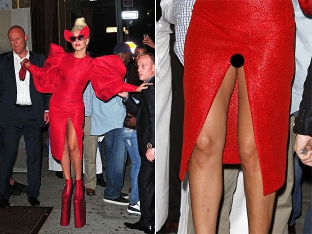 Em Nova York, a cantora Lady Gaga deixou suas partes íntimas à mostra depois de fotografar para revista "Vanity Fair". O vestido da popstar estava com uma fenda bem "profunda"