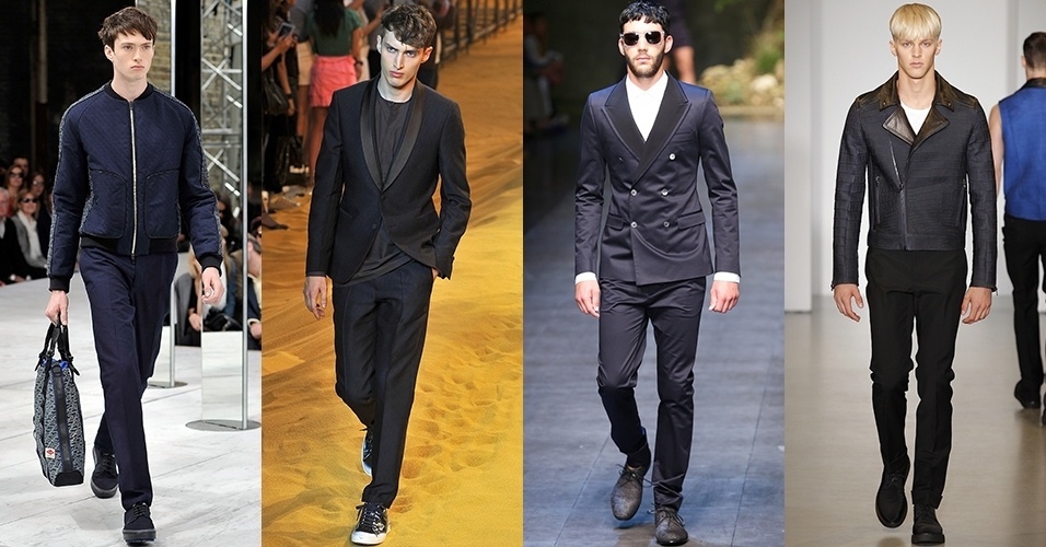 Verão ou Inverno? Marcas masculinas que desfilaram os lançamentos de Primavera/Verão 2014 apostaram em peças em desenhos mais simples, jaquetas, ternos em cores escuras, e demonstram que os limites entre as estações está virando coisa do passado - Getty Images/Getty Images/Getty Images/Divulgação