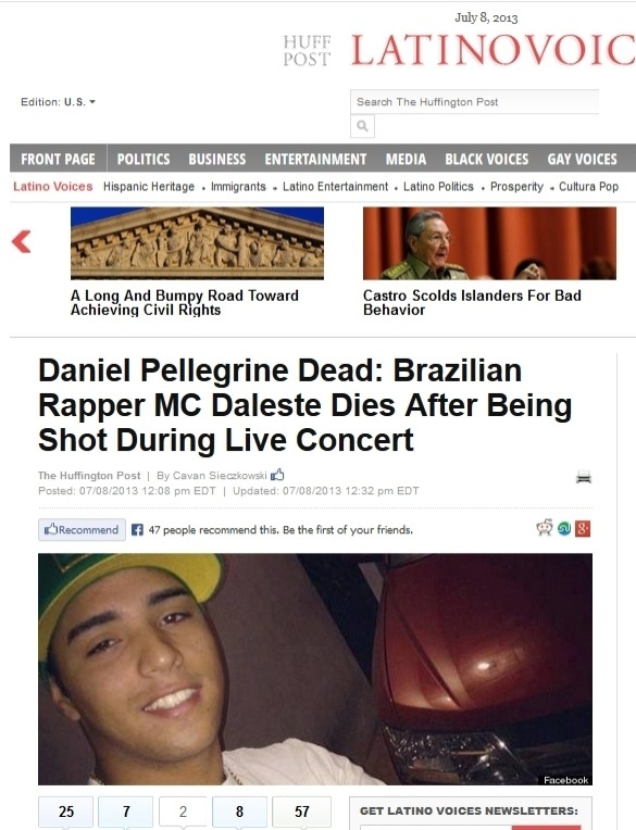 8.jul.2013 - Imprensa internacional repercute morte do MC Daleste - Reprodução / Huffington Post