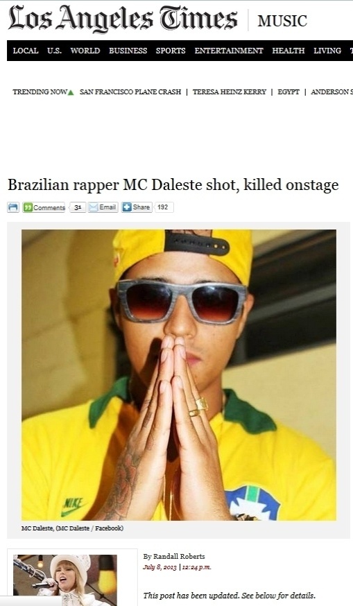 8.jul.2013 - Imprensa internacional repercute morte do MC Daleste - Reprodução / Los Angeles Times