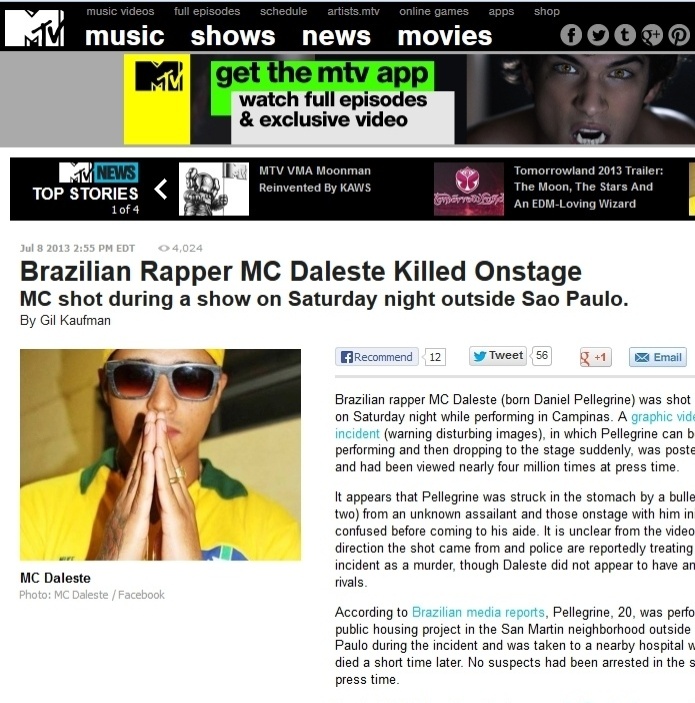 8.jul.2013 - Imprensa internacional repercute morte do MC Daleste - Reprodução / MTV.com