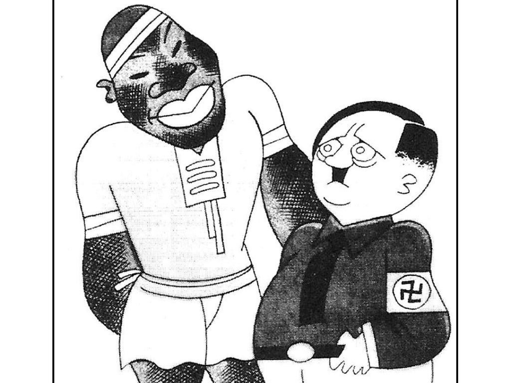 A charge de Théo demonstra um Hitler racista diante do Domingos da Guia, jogador brasileiro. Publicado na Careta e sobre a Copa de 1938 na França - Divulgação