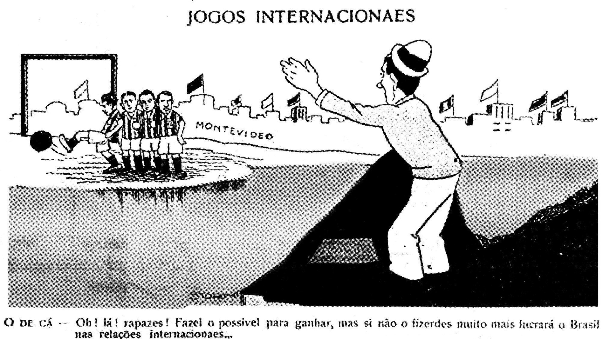 Charge criada por Storni em 1930 mostra a seleção voltando da Copa no Uruguai desacreditada após perder para a Iugoslávia - Divulgação