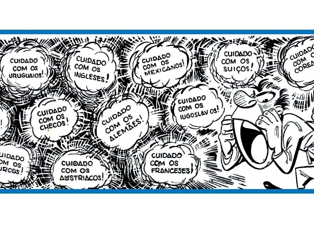 Na Copa de 1950, no Brasil, a decepção do público e do presidente Dutra por causa da derrota para o Uruguai em charge de J.Carlos na Careta - Divulgação