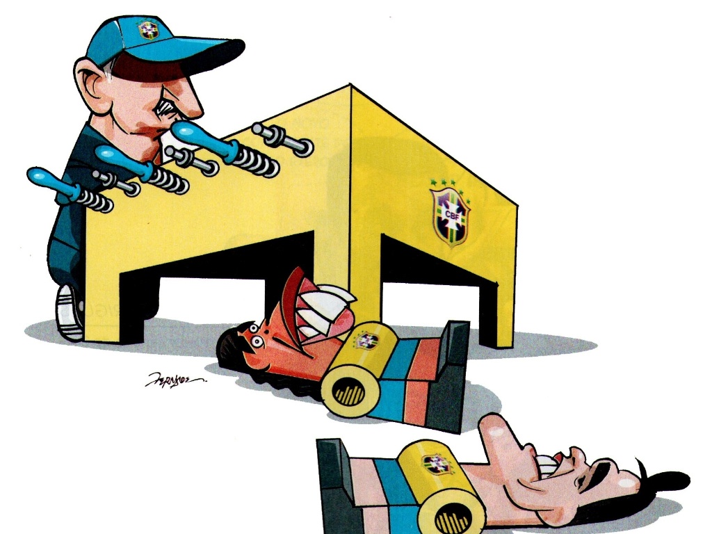 No pebolim do técnico Felipão, Kaká e Ronaldinho Gaúcho não jogam. A charge é do cartunista Fernandes - Divulgação