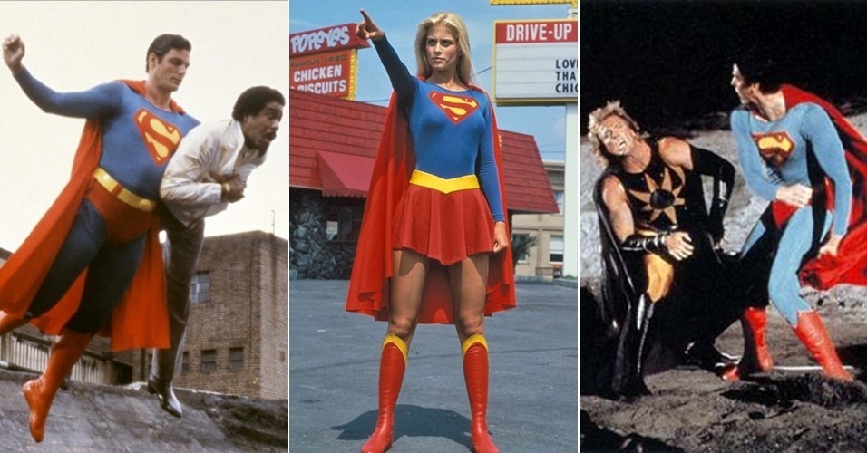 Cenas dos filmes "Superman 3" (1983), "Supergirl" (1984) e "Superman 4" (1987) - Divulgação