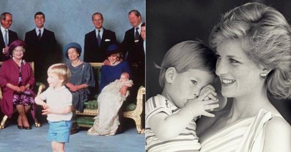 Príncipe Harry no colo de Diana em sua cerimônia de batismo, em 1984, e às vésperas de completar 4 anos de idade