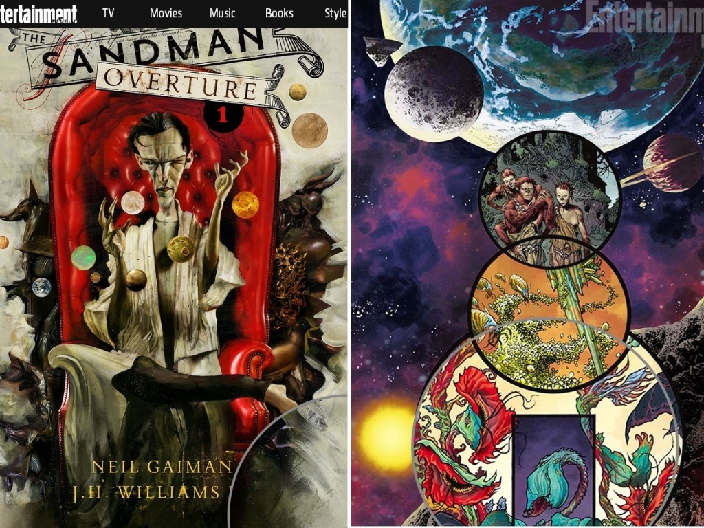17.jul.2013 - Revista Entertainment Weekly divulgou nesta quarta-feira (17) a primeira imagem da capa da nova fase da série "Sandman", de Neil Gaiman. A ilustração é assinada por Dave McKean, que também desenhou uma arte especial (foto à direita) para o catálogo oficial da Comic-Con 2013. Ao centro, arte de J.H. William III para a primeira história da nova série de "Sandman". - Reprodução/Entertainment Weekly