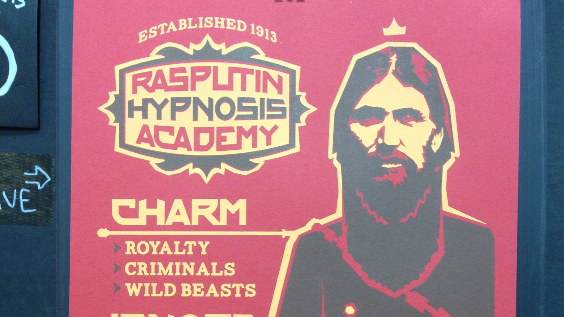 17.jul.2013 - Personagens da história e da literatura viram pôsteres de propagandas fictícias. O místico e conselheiro de czars russo Rasputin e sua Academia de Hipnose - Natalia Engler/UOL