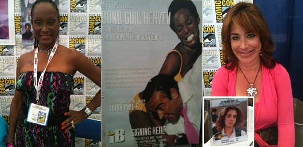 Trina Parks (à esquerda), considerada a primeira bond girl negra do cinema (foto ao centro); Claudia Wells (à direita) vende autógrafos na Comic-Con como o par romântico do protagonista no primeiro filme da série "De Volta para o Futuro" - Estefani Medeiros/UOL