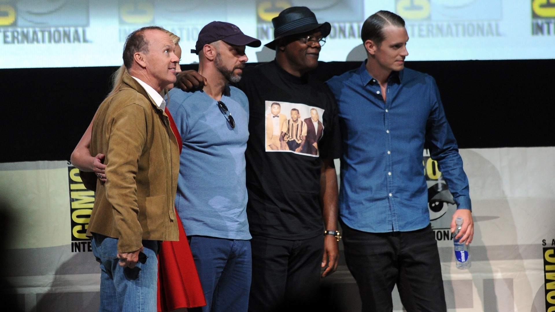 19.jul.2013 - Michael Keaton, o diretor José Padilha, Samuel L. Jackson e Joel Kinnaman em painel do filme "RoboCop" - Getty Images