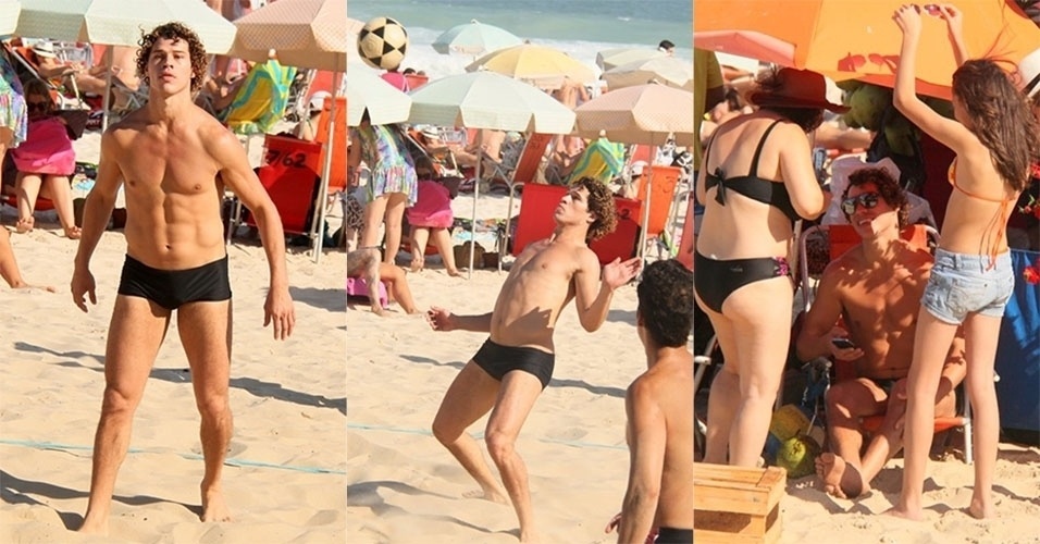20.jul.2013 - José Loreto joga futevôlei na praia