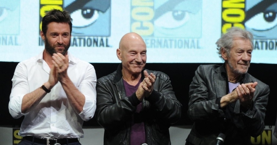 20.jul.2013 - Os atores Hugh Jackman, Patrick Stewart e Ian McKellen reunidos no painel do filme "X-Men: Days of Future Past" no quarto dia da Comic-Con - Kevin Winter/AFP