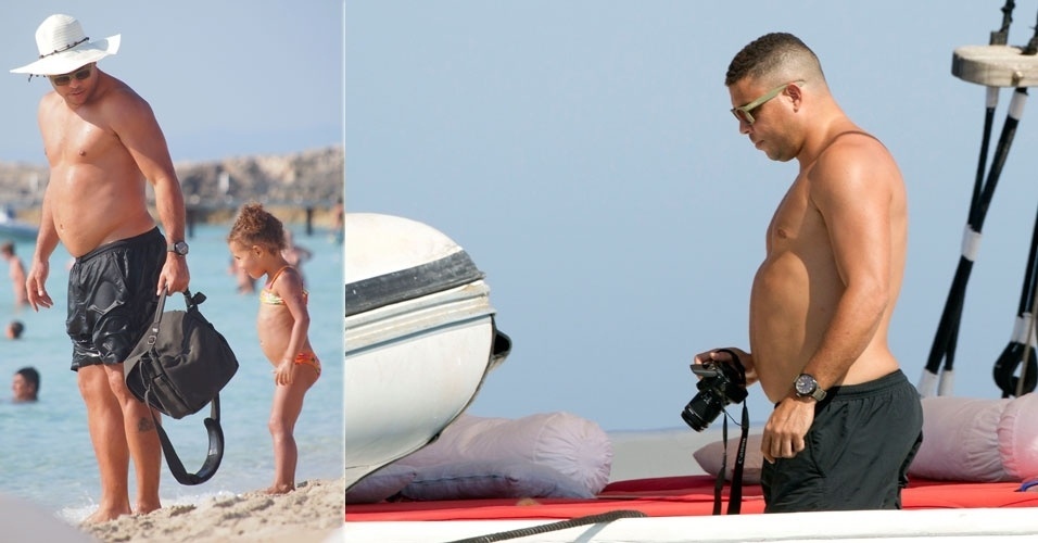 23.jul.2013 - Ronaldo Fenômeno exibiu uma barriga saliente em Ibiza, na Espanha. O ex-jogador está passando férias no balneário com a filha Maria Sophia, a família e sua namorada, Paula Morais