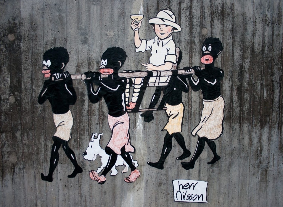 Tintin e Milu abusam de escravos em estêncil do artista sueco Herr Nilsson