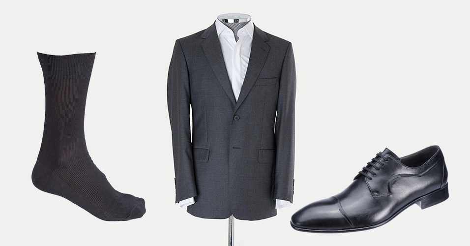 COMBINAÇÃO TRADICIONAL FORMAL: Sugestão para a corrente que acredita que a meia combina com a cor da calça, porque alonga a silhueta, com costume cinza e sapato preto, o acessório é cinza - Divulgação