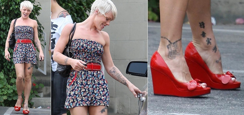 A cantora Pink aumenta a cada dia o número de tatuagens no corpo. A perna direita da moça ganhou uma tornozeleira e o esquerdo alguns ideogramas orientais