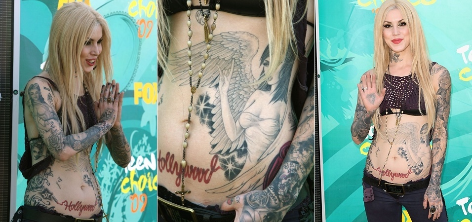 A tatuadora americana Kat Von D tatuou o corpo e também a palma da mão. Ela tem também o rosto do compositor alemão Ludwig van Beethoven tatuado na coxa