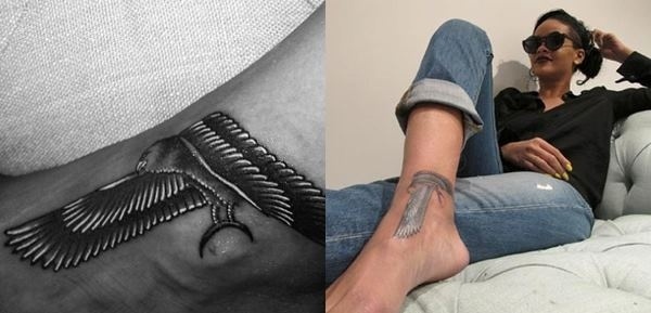 Rihanna fez mais uma tatuagem em sua pele, desenhada pelo tatuador Bang Bang. Dessa vez a cantora tatuou um falcão egípcio em forma de revolver no tornozelo. "Falcão: uma luz que brilha nas trevas! Nunca feche os olhos durante o sono", escreveu a musa de Barbados, no Caribe.