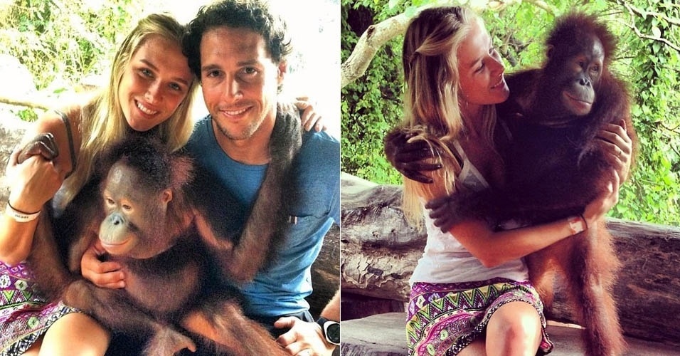 1.ago.2013 - Fiorella Mattheis e o marido posam abraçados com macaco