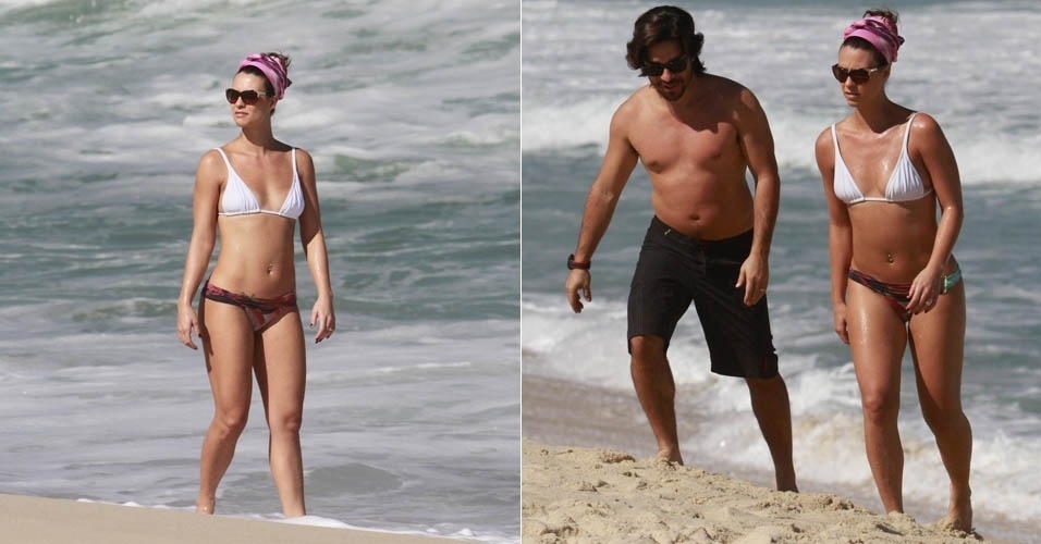 2.ago.2013 - Camila Rodrigues curte praia com o marido, no Rio