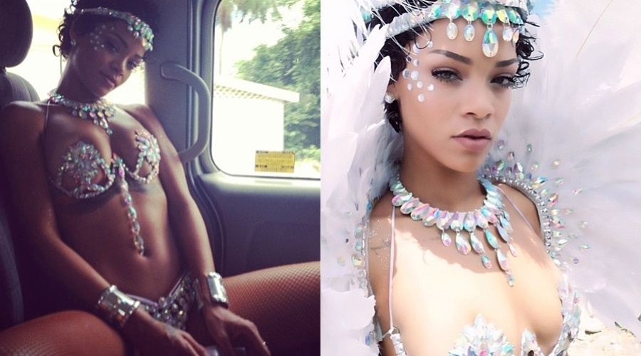 3.ago.2013 - Rihanna divulgou imagens onde aparece fantasiada de passista para o Carnaval de Barbados, sua cidade de origem localizada no Caribe. O festival Crop Over aconteceu na capital Bridgetown, onde a cantora  esteve acompanhada de um grupo de amigas
