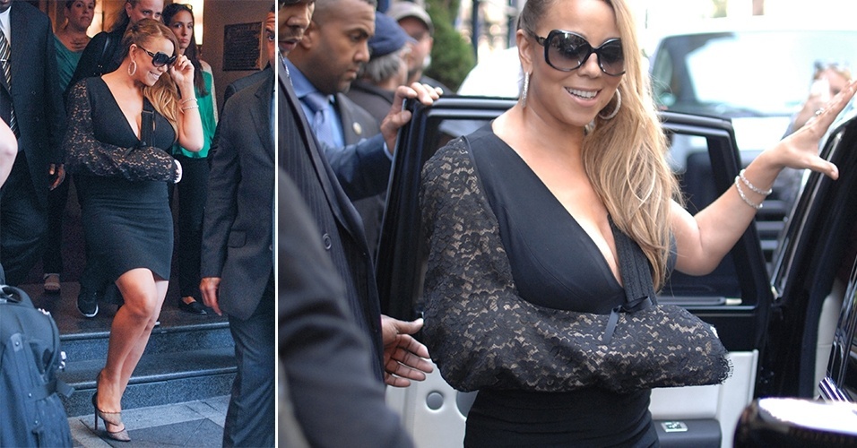 5.ago.2013 - A tipoia de renda usada por Mariah Carey ainda ajudou a levantar o vestidinho preto decotado - Grosby Group