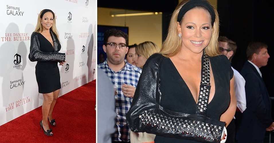 5.ago.2013 - O modelo de tipoia mais recente usado por Mariah Carey é a de couro com aplicação de tachas, exibido durante a première do filme "The Butler" - Grosby Group