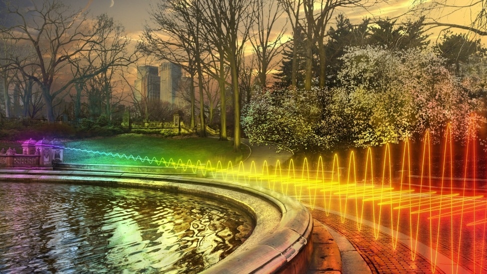 As ondas do wi-fi aparecem acima como esferas multicoloridas. Segundo Vogel, os transmissores de wi-fi - ou roteadores - são como uma antena equipada com um protocolo de transmissão, que divide a banda de frequência em vários canais. Os dados podem ser transmitidos através de cada canal para enviar e receber dados a velocidades mais rápidas - Nickolay Lamm 