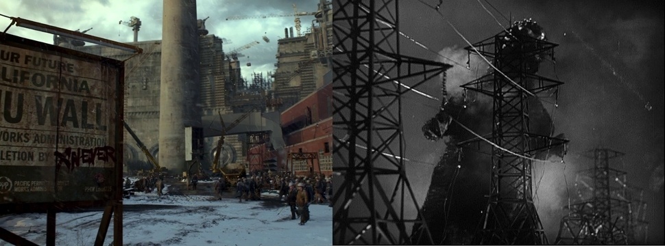 Contenção - No "Godzilla" de 1954, as autoridades planejam construir uma cerca eletrificada no mar ao longo da costa para evitar a aproximação do monstro e, na melhor hipótese, mata-lo eletrocutado. - Reprodução