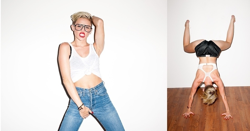 15.ago.2013 - A cantora Miley Cyrus agarra as parte íntimas e fica de ponta cabeça em ensaio para o fotógrafo Terry Richardson