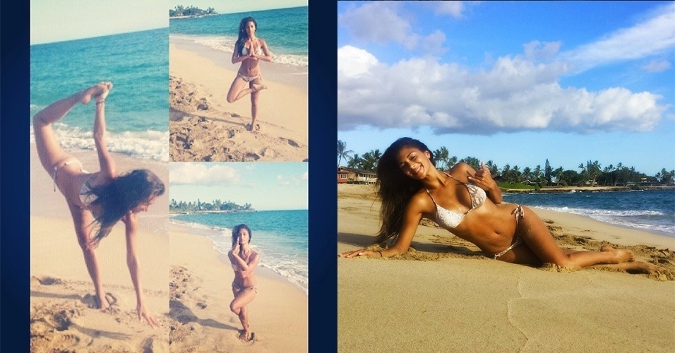 20.ago.2013 - A cantora e apresentadora aproveitou a manhã de uma praia no Havaí para fazer ioga