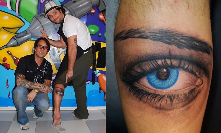 Bruno Gagliasso decidiu homenagear "uma mulher muito especial" com uma tatuagem de um grande olho azul. O desenho foi feito com o tatuador Kiko, que fez todas as suas tatuagens. O ator explicou no Twitter que fez o desenho inspirado em uma gravura do artista gráfico holandês M.C.Escher. Apesar de Gagliasso não revelar quem é a homenageada, a mãe e a namorada do ator, Giovanna Ewbank, têm olhos azuis (21/10/09)