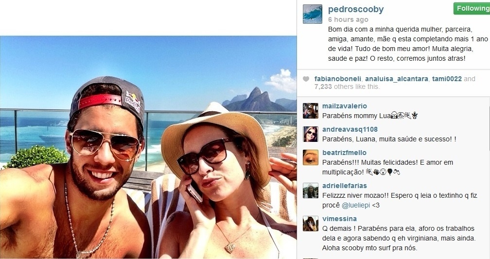 29.ago.2013 - Pedro Scooby parabenizou Luana Piovani pelo Instagram: "Tudo de bom meu amor! Muita alegria, saúde e paz! O resto, corremos juntos atrás!", escreveu o surfista. A atriz completou 37 anos nesta quinta-feira, 29