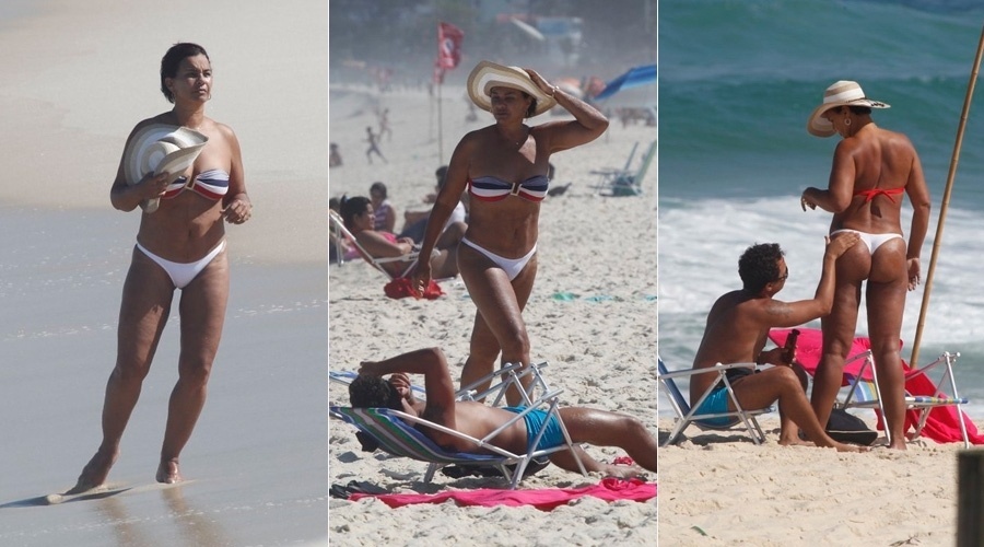 30.ago.2013 - Solange Couto curtiu praia na Barra da Tijuca, zona oeste do Rio, acompanhada do marido, Jamerson. Aos 56 anos, a atriz exibiu boa forma de biquíni. Solange recentemente contou que emagreceu 38 quilos